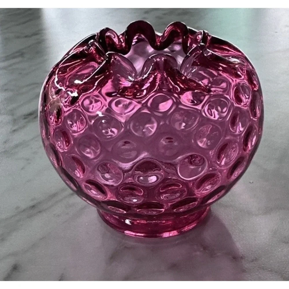 Vintage Fenton Cranberry Rose Bowl‎ Vase Inverted Reverse Coin Dot Art Glass
